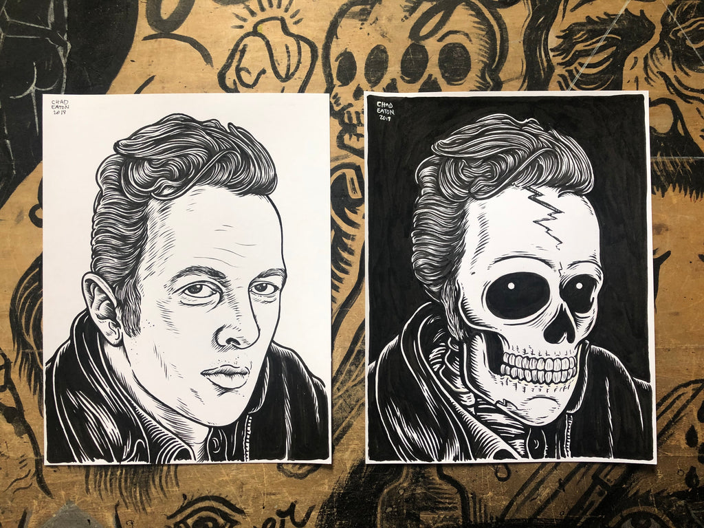 JOE STRUMMER living & dead original ink drawings set