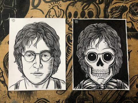 JOHN LENNON living & dead original ink drawings set
