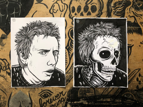 JOHNNY ROTTEN living & dead original ink drawings set