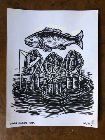 3 FISHERMEN original ink drawing on paper.